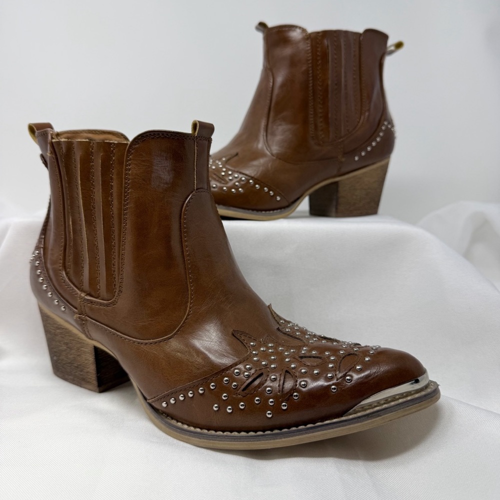 Yoki Brown Studded Western Ankle Boots - Picture 12 of 14